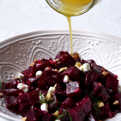 little gem with beets, red onion and feta dressing