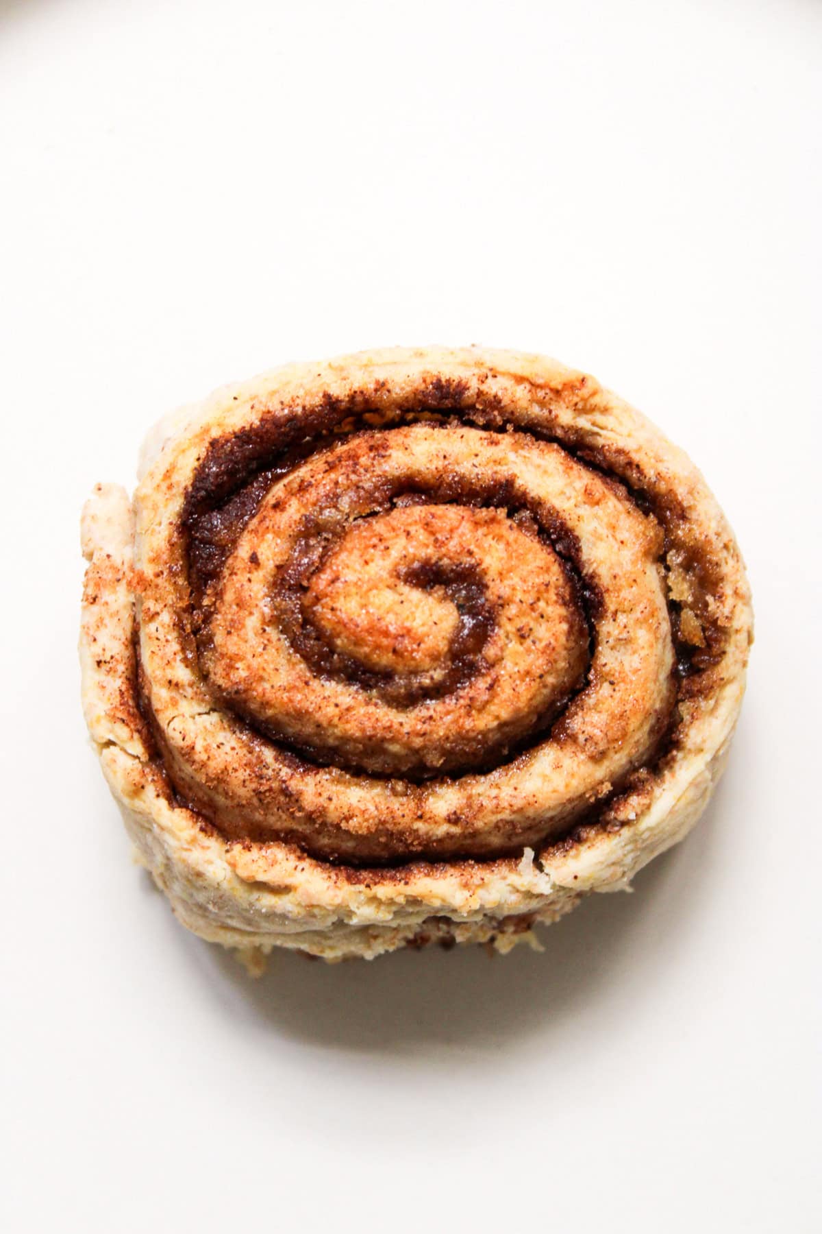 overhead shot of a baked cinnamon roll on a plain white backdrop