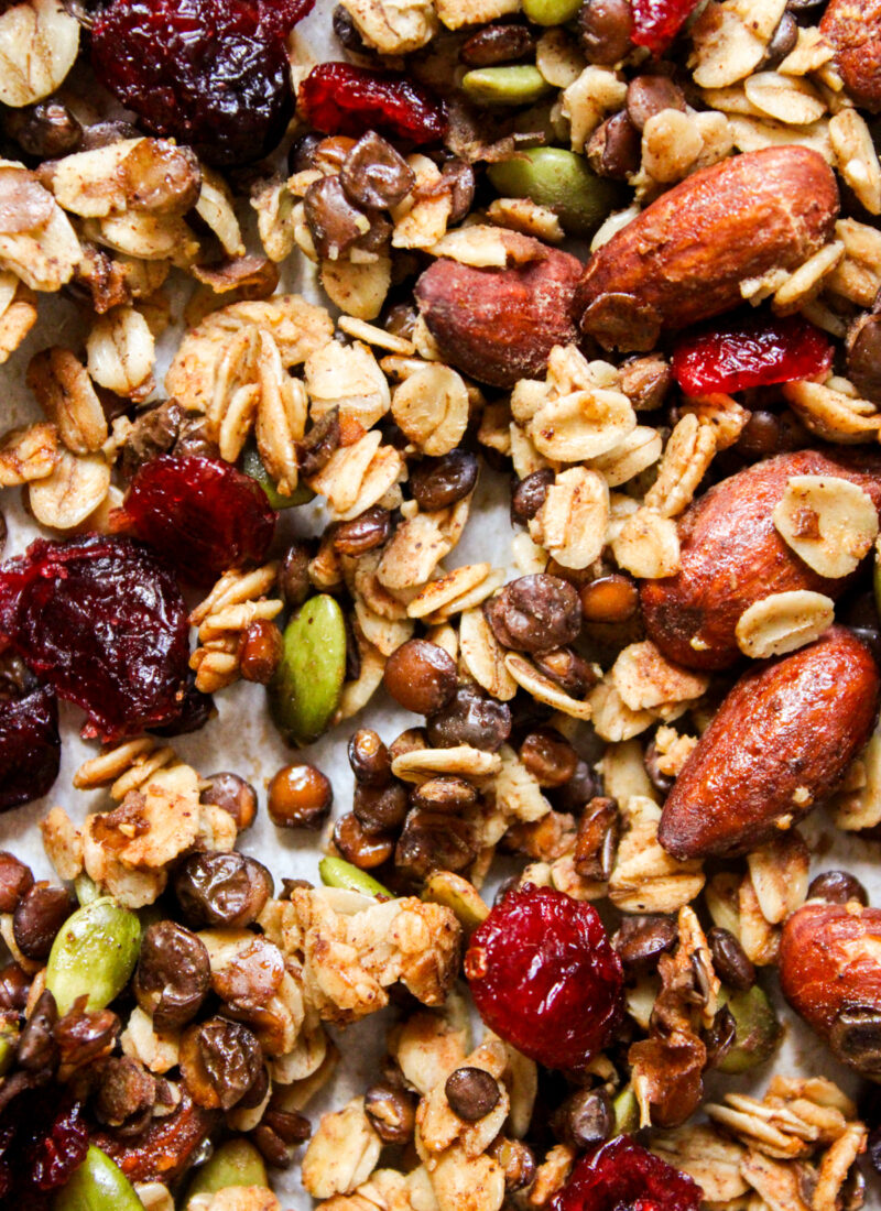 close up of oat granola with lentils, almonds and dried cranberries